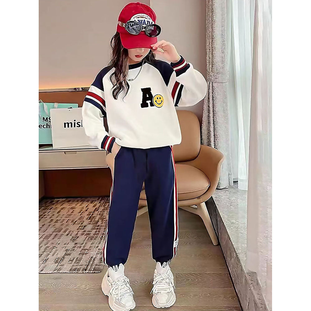 Casual Letter A Monogram Designed Cream & Navy 2Pcs Track Suit Set For Kids & Tweens