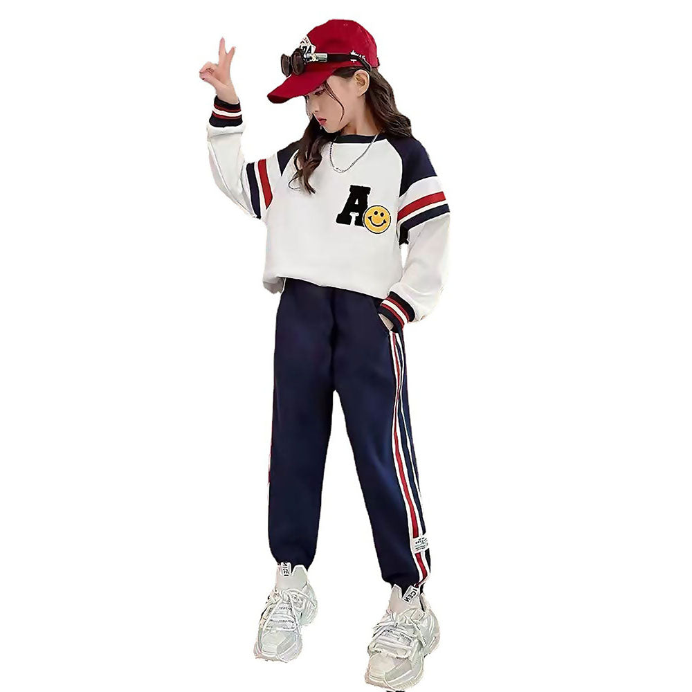 Casual Letter A Monogram Designed Cream & Navy 2Pcs Track Suit Set For Kids & Tweens