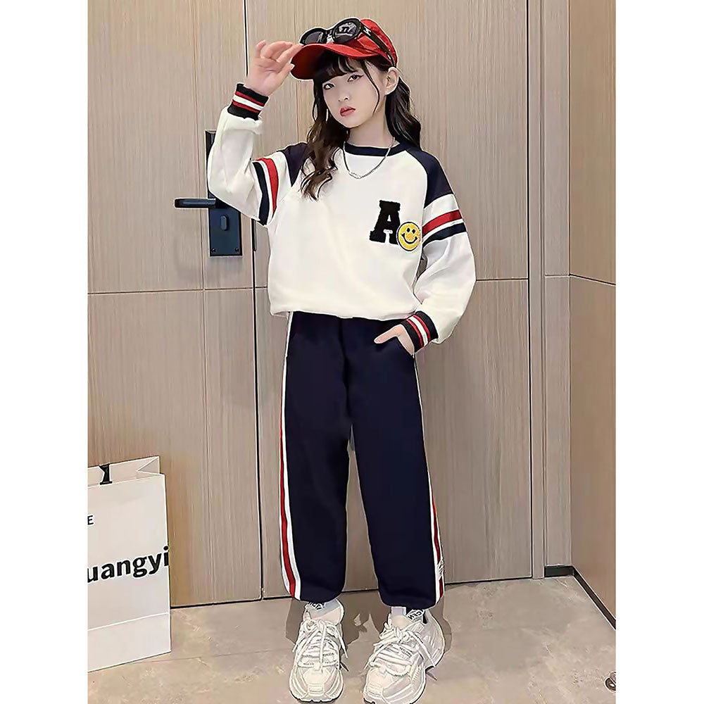 Casual Letter A Monogram Designed Cream & Navy 2Pcs Track Suit Set For Kids & Tweens