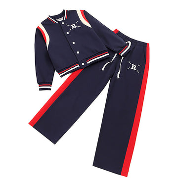 2Pcs Navy With Red And Cream Varsity Style Jacket With Matching Pants For Kids & Tweens