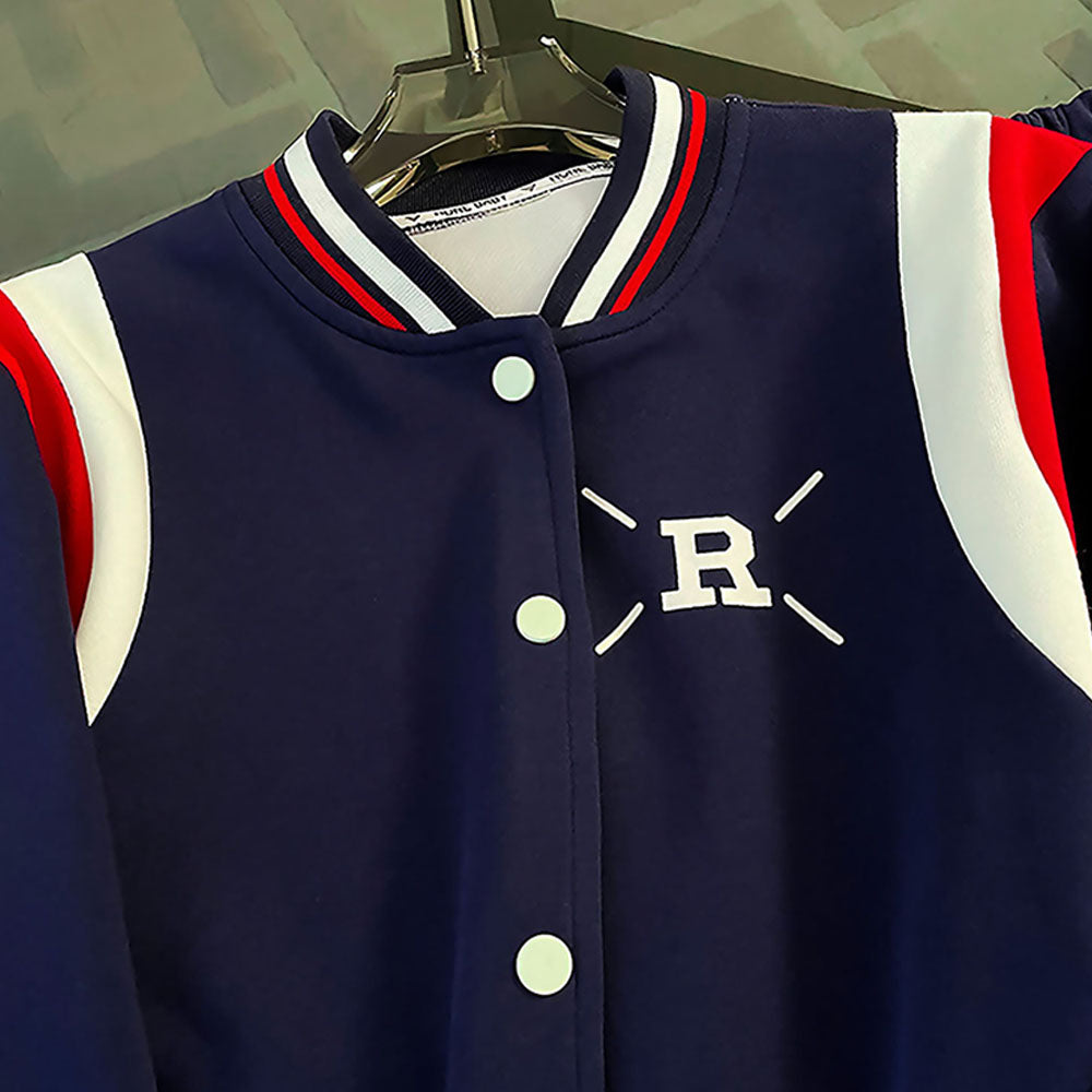 2Pcs Navy With Red And Cream Varsity Style Jacket With Matching Pants For Kids & Tweens