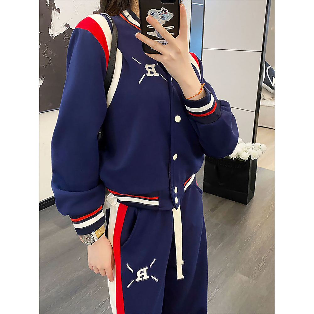 2Pcs Navy With Red And Cream Varsity Style Jacket With Matching Pants For Kids & Tweens