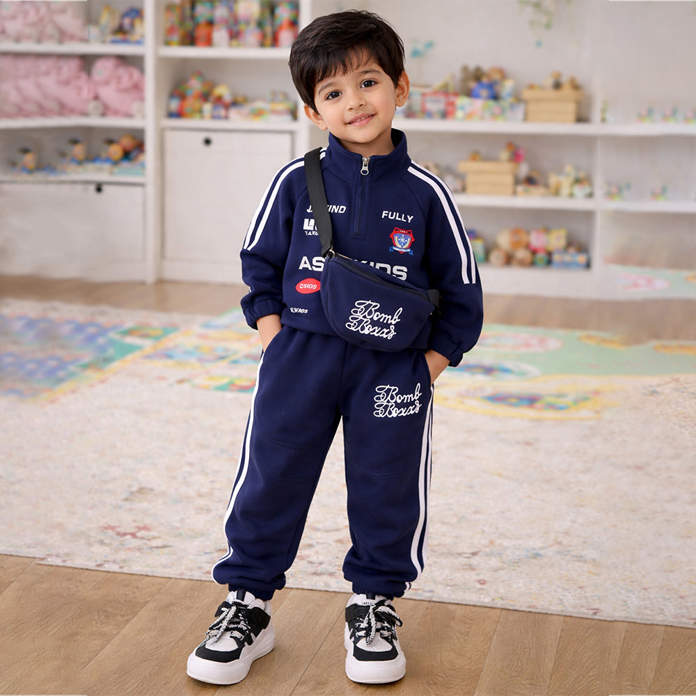 Sporty Navy Tracksuit Set with Matching Sling Bag for Kids