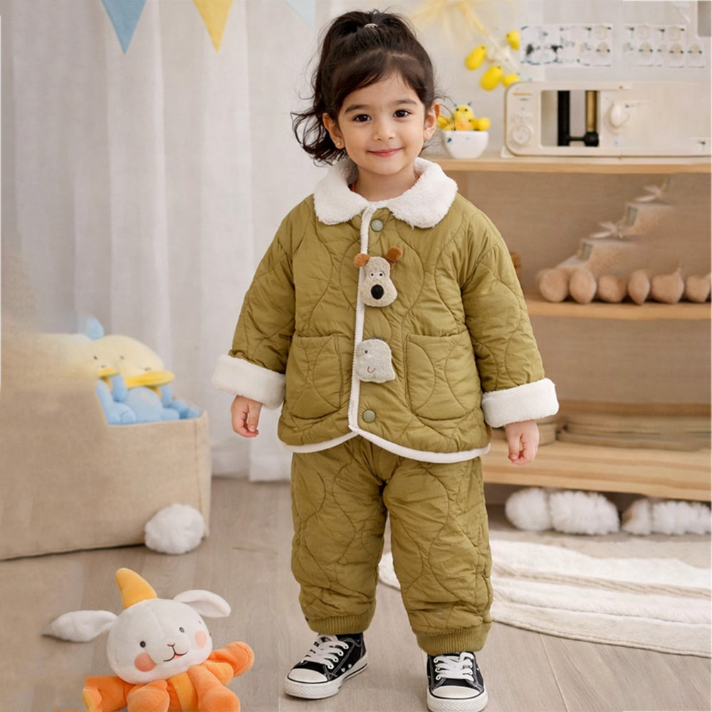 2 Pcs Olive Quilted Puffer Winter Jacket with Pants Co-ords set for Kids
