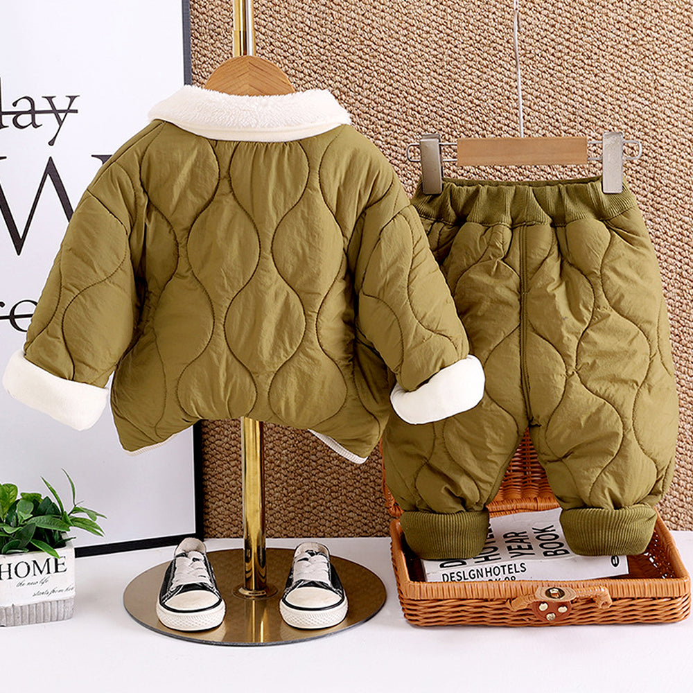 2 Pcs Olive Quilted Puffer Winter Jacket with Pants Co-ords set for Kids