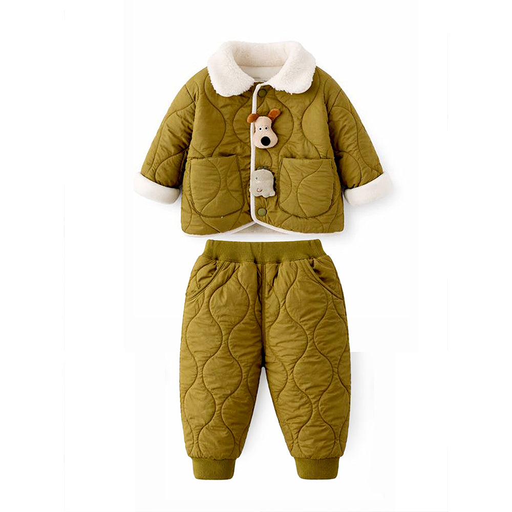 2 Pcs Olive Quilted Puffer Winter Jacket with Pants Co-ords set for Kids