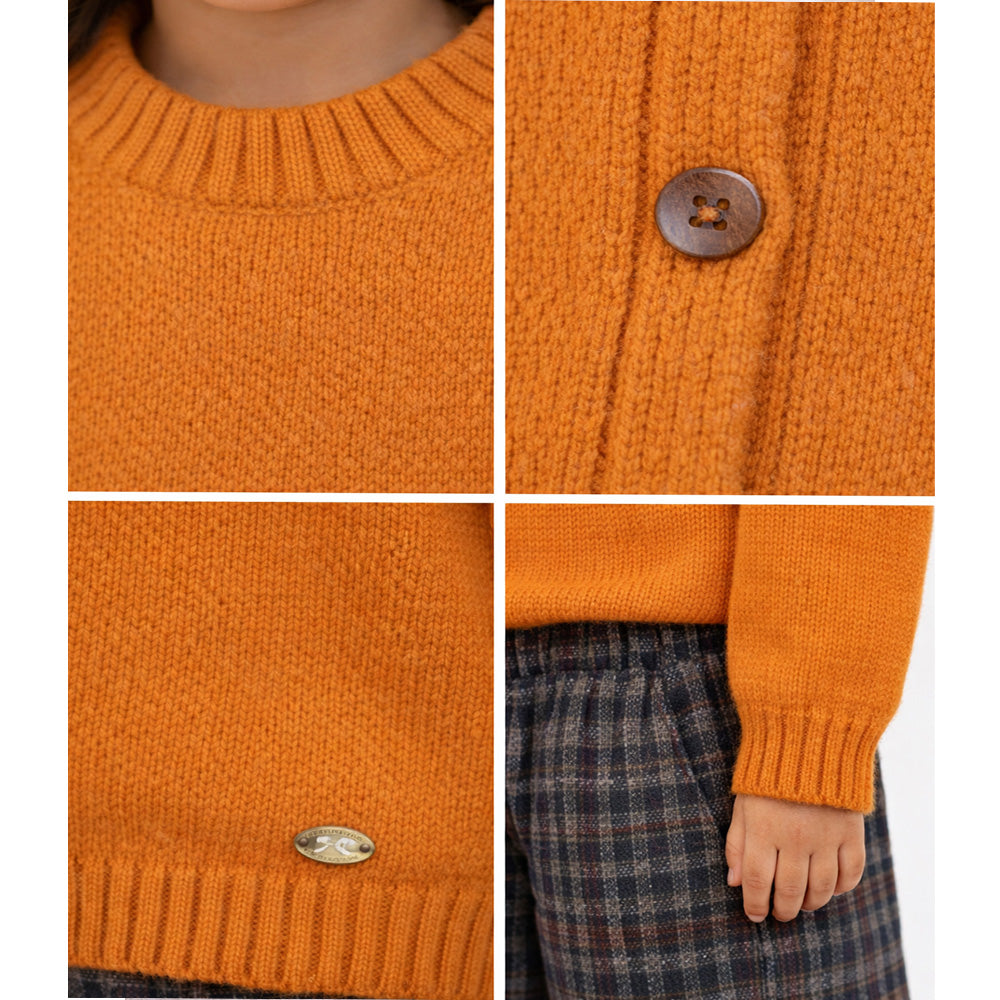 2 Pcs Orange Sweatshirt with Grey Checkered wide-Leg Three fourth styled Pants for Kids