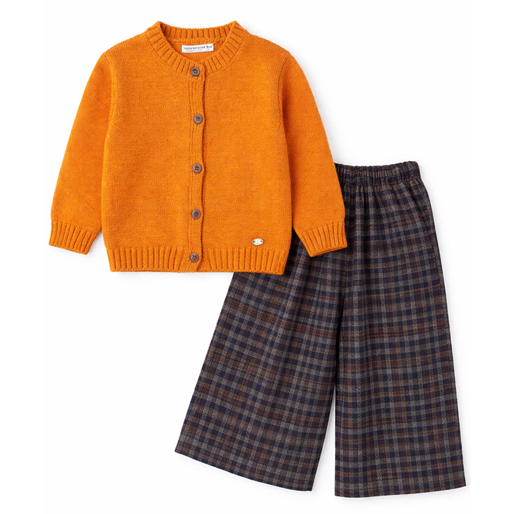 2 Pcs Orange Sweatshirt with Grey Checkered wide-Leg Three fourth styled Pants for Kids