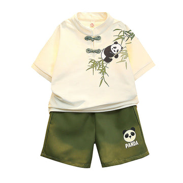 2Pcs Panda Chinese Collar Shirt And Matching Shorts All Season Wear