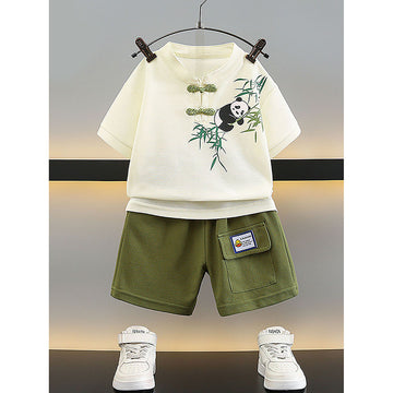 2Pcs Panda Chinese Collar Shirt And Matching Shorts All Season Wear