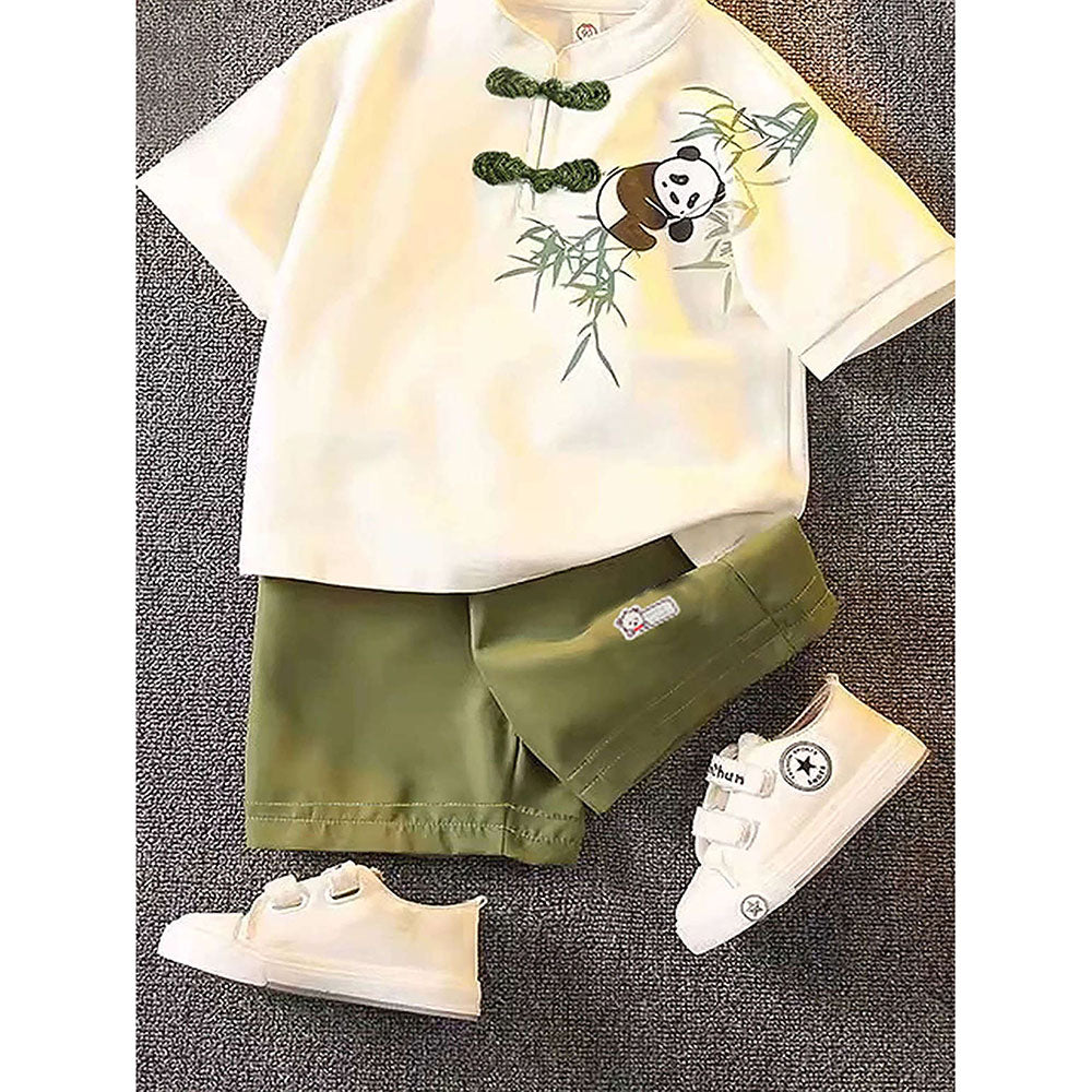 2Pcs Panda Chinese Collar Shirt And Matching Shorts All Season Wear