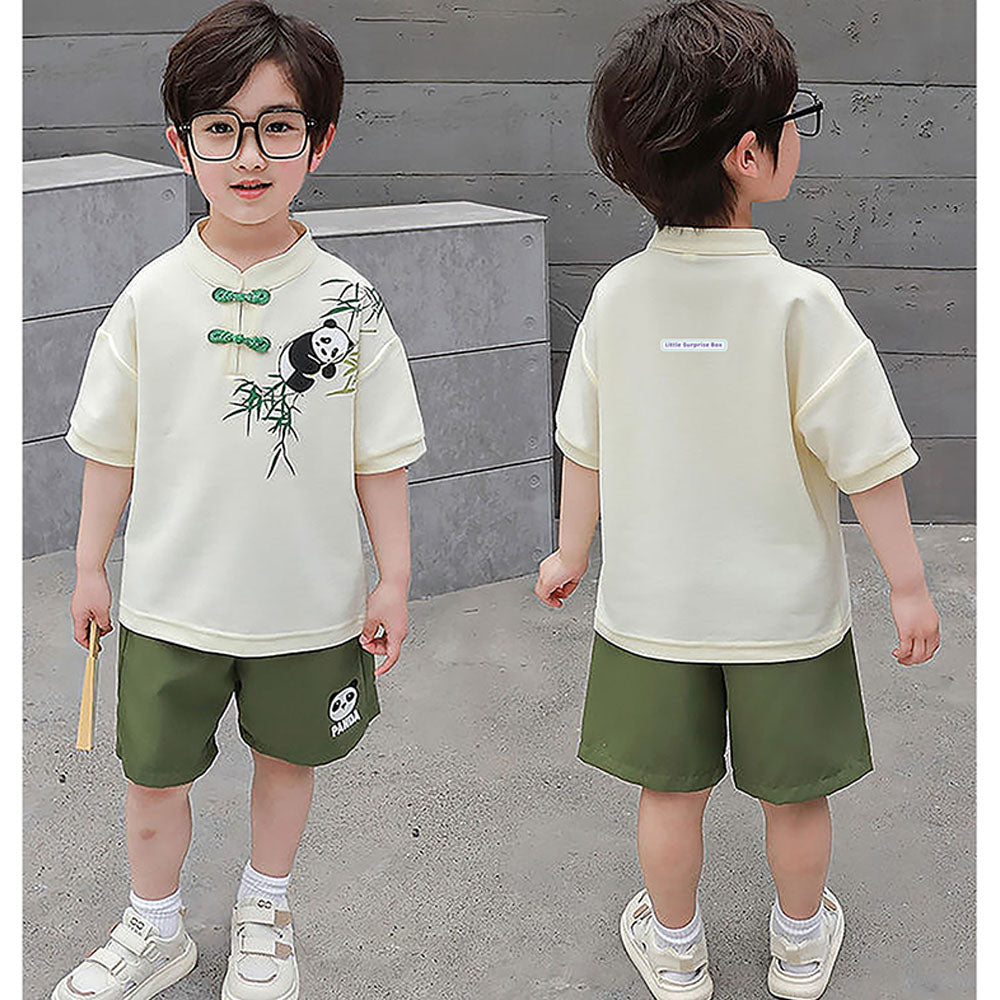 2Pcs Panda Chinese Collar Shirt And Matching Shorts All Season Wear