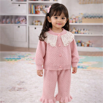 2 Pcs Peach Sailor Neck Sweater Top & Flare Pant, Winterwear co-ord set for Girls