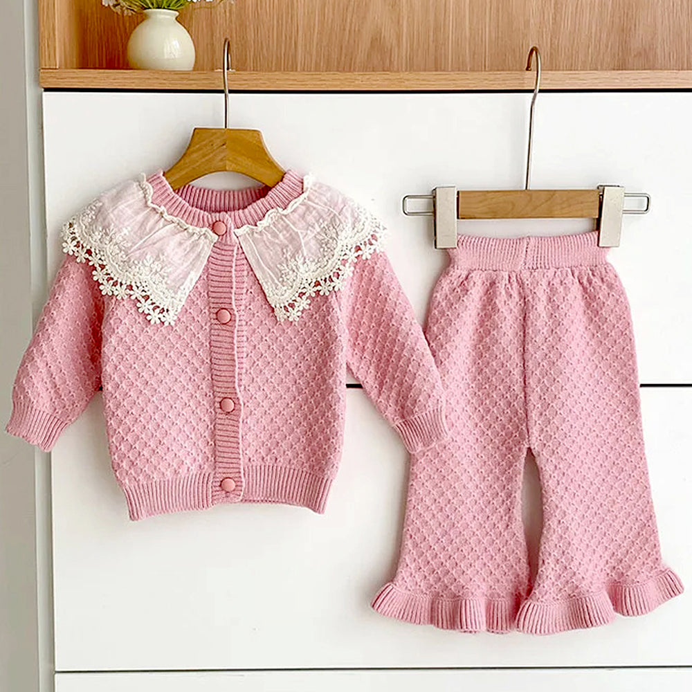 2 Pcs Peach Sailor Neck Sweater Top & Flare Pant, Winterwear co-ord set for Girls