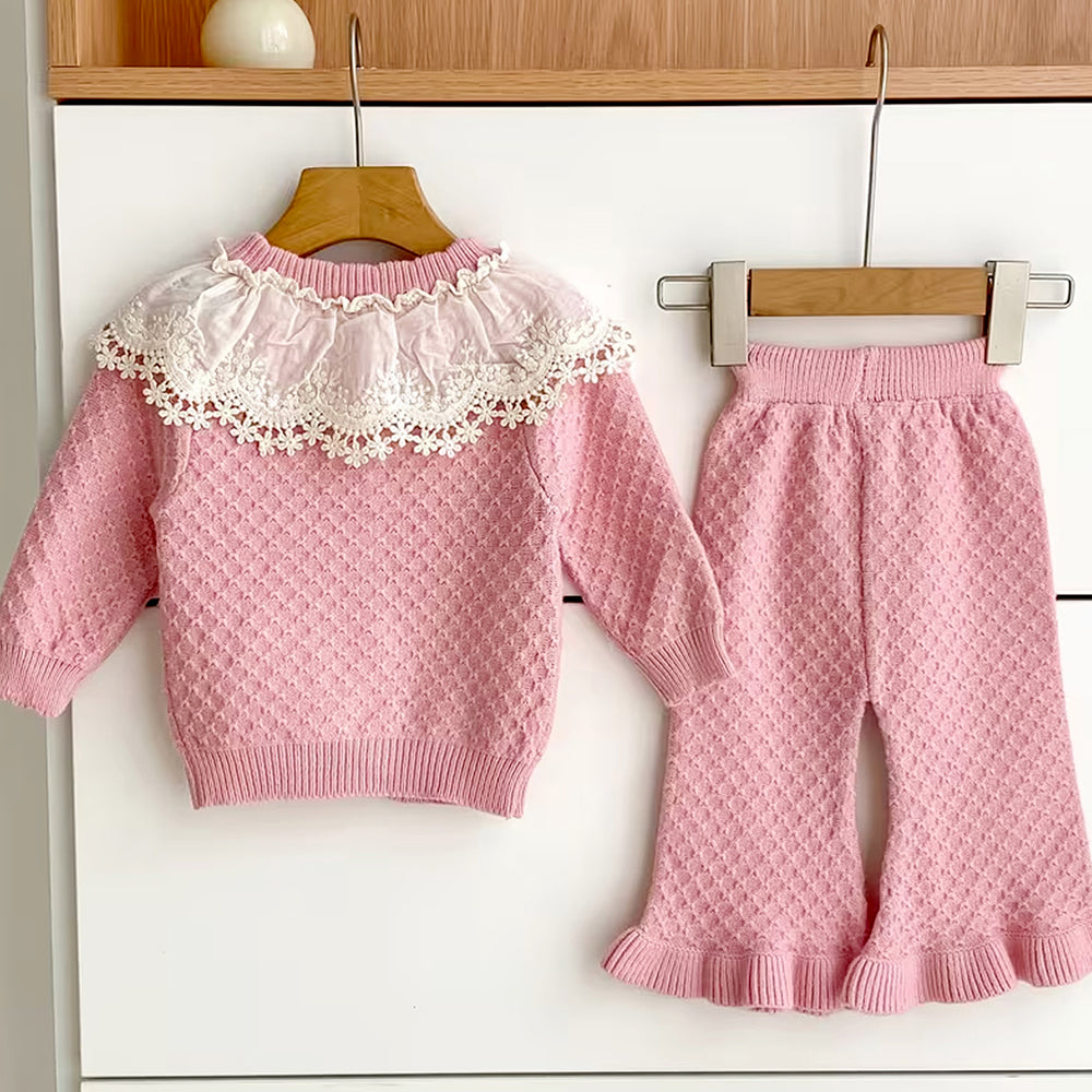 2 Pcs Peach Sailor Neck Sweater Top & Flare Pant, Winterwear co-ord set for Girls