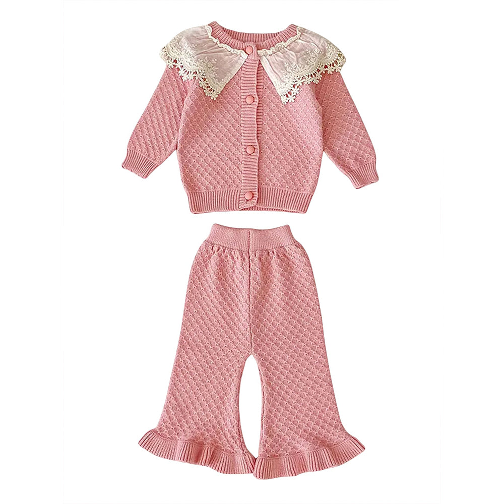 2 Pcs Peach Sailor Neck Sweater Top & Flare Pant, Winterwear co-ord set for Girls