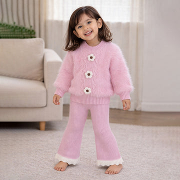 2 Pcs Pink Flower Sweater & Flare Pant, Winterwear Co-ord set for Girls