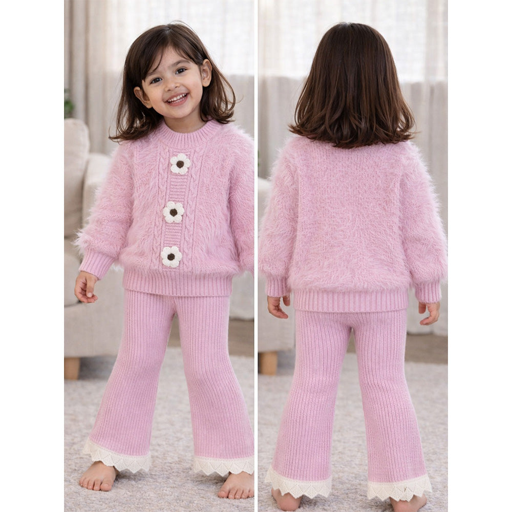 2 Pcs Pink Flower Sweater & Flare Pant, Winterwear Co-ord set for Girls