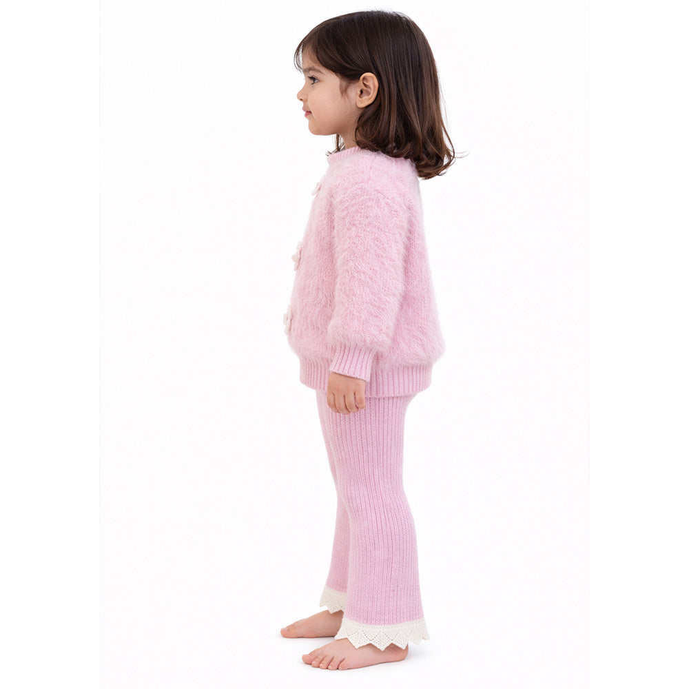 2 Pcs Pink Flower Sweater & Flare Pant, Winterwear Co-ord set for Girls