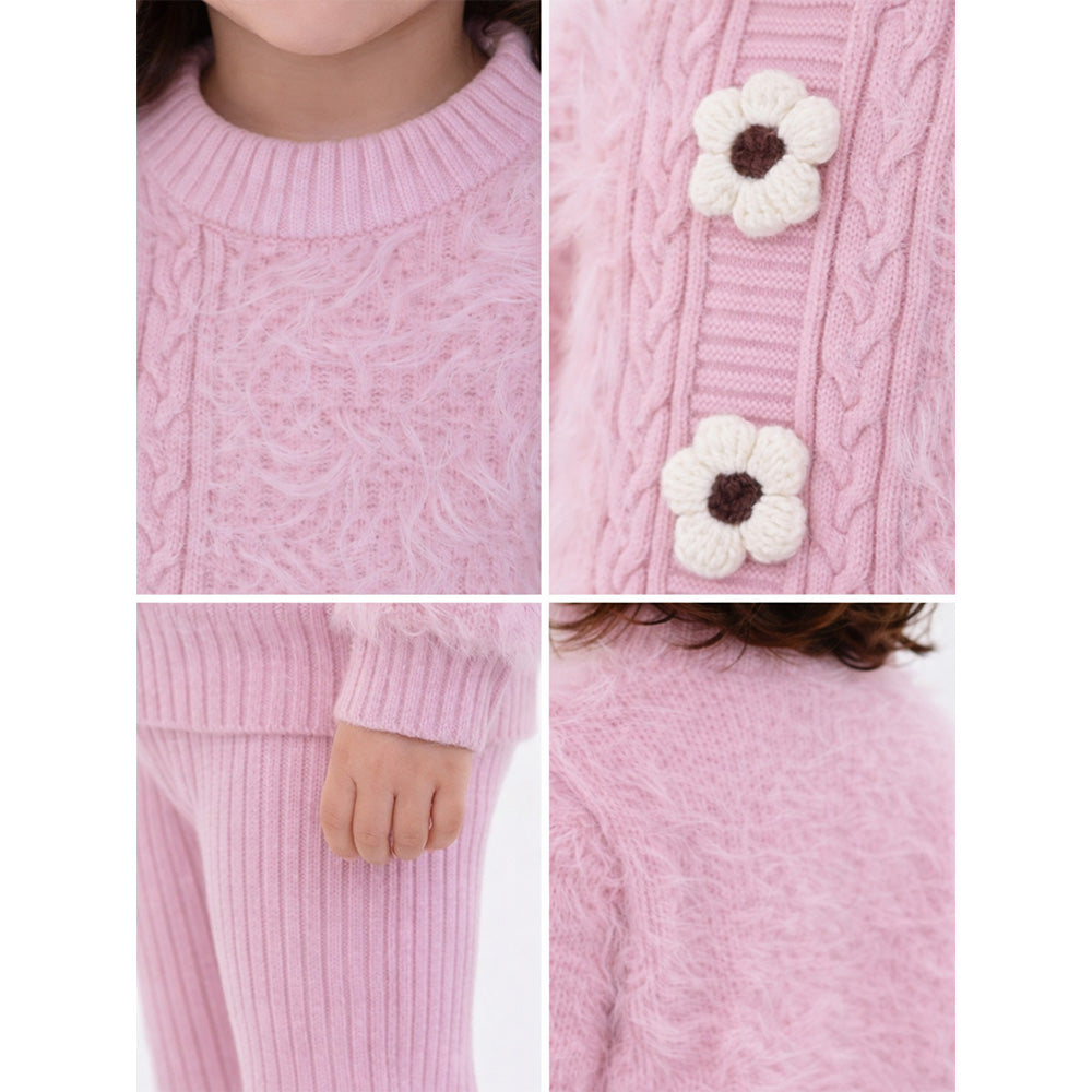 2 Pcs Pink Flower Sweater & Flare Pant, Winterwear Co-ord set for Girls