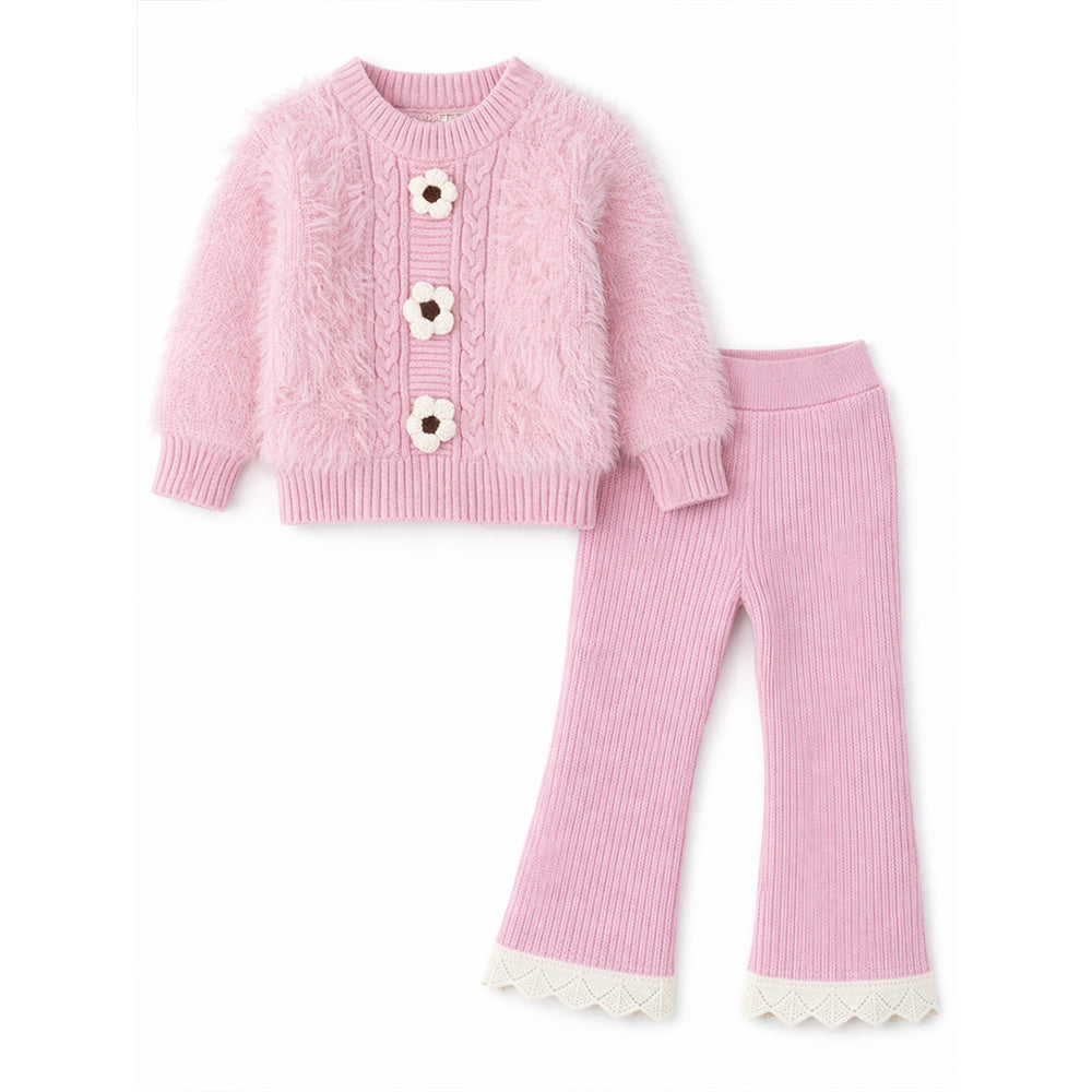 2 Pcs Pink Flower Sweater & Flare Pant, Winterwear Co-ord set for Girls