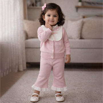 2 Pcs Pink Bib Neck Style Sweater Top & Flare Pant, Winterwear co-ord set for Girls
