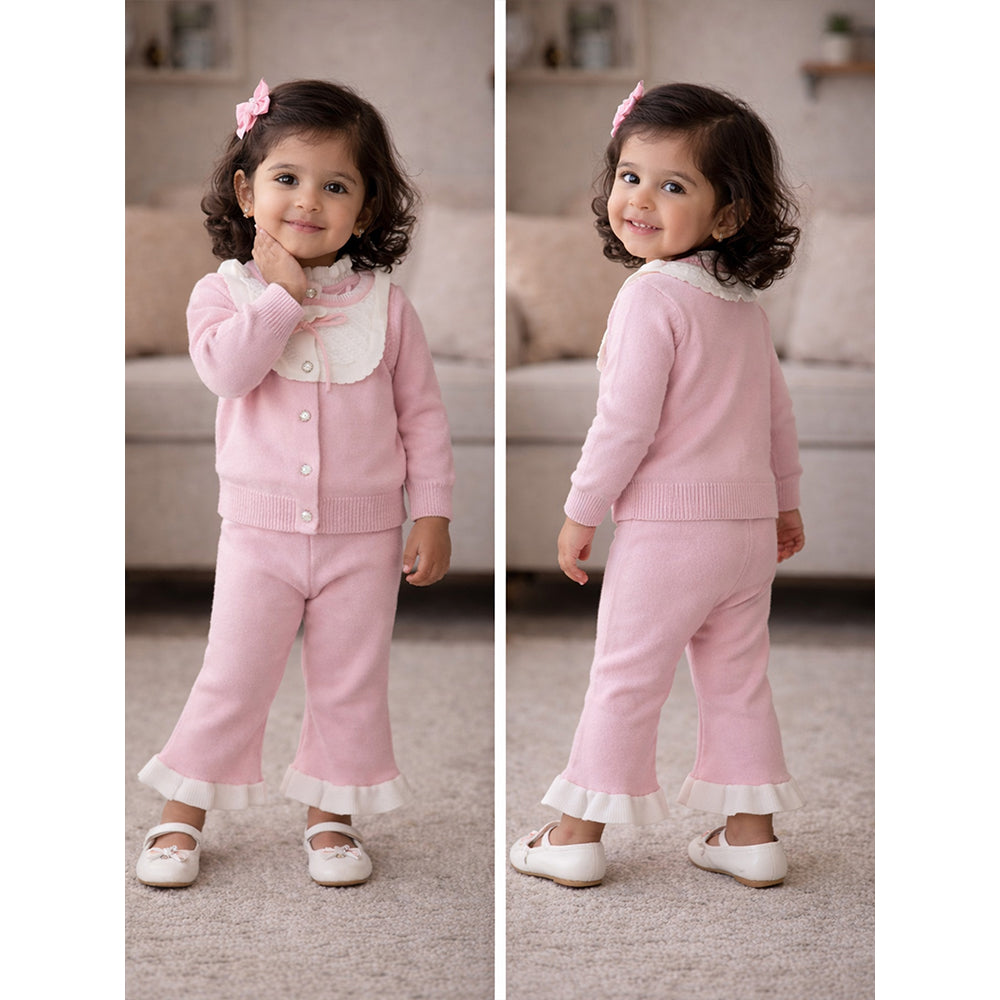 2 Pcs Pink Bib Neck Style Sweater Top & Flare Pant, Winterwear co-ord set for Girls
