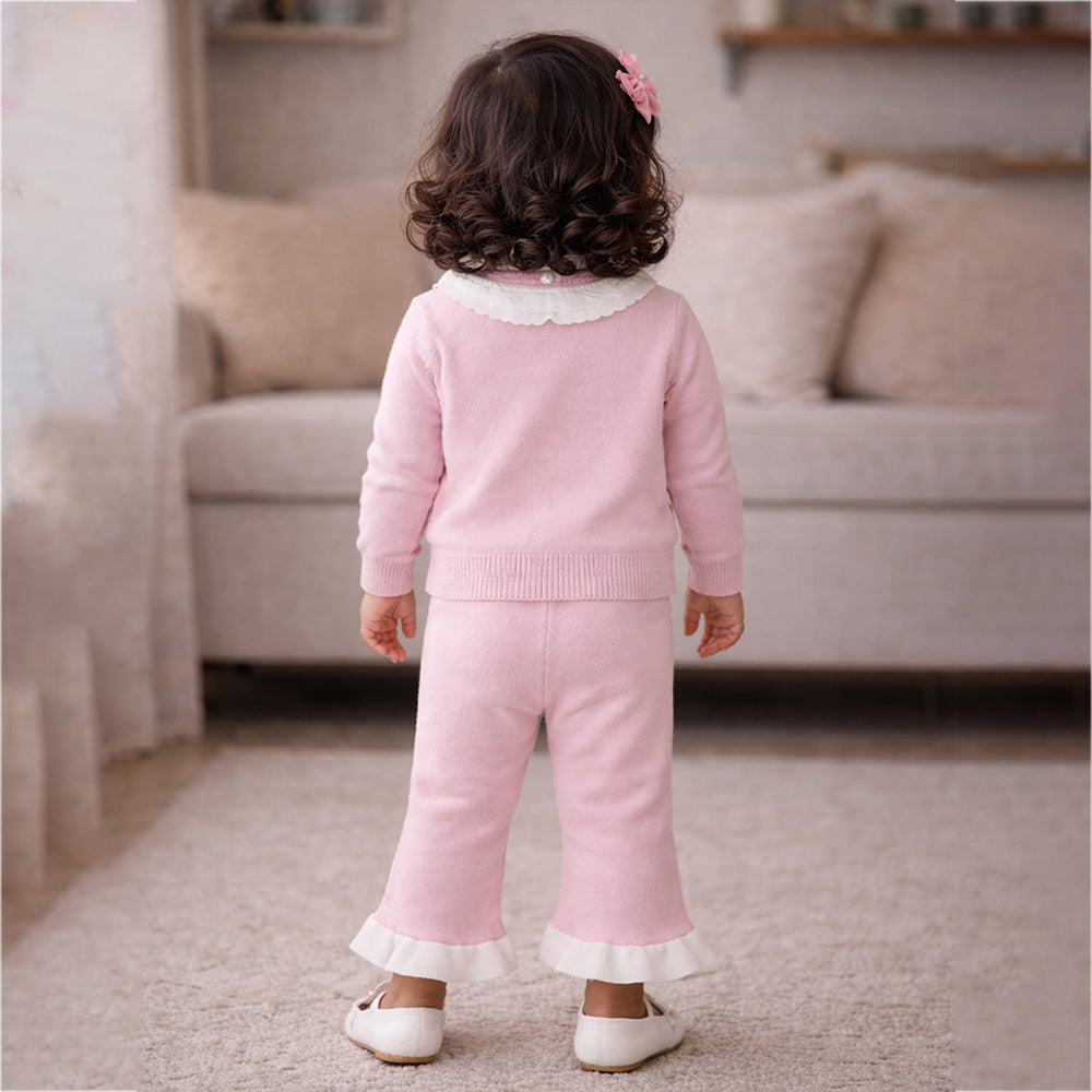 2 Pcs Pink Bib Neck Style Sweater Top & Flare Pant, Winterwear co-ord set for Girls