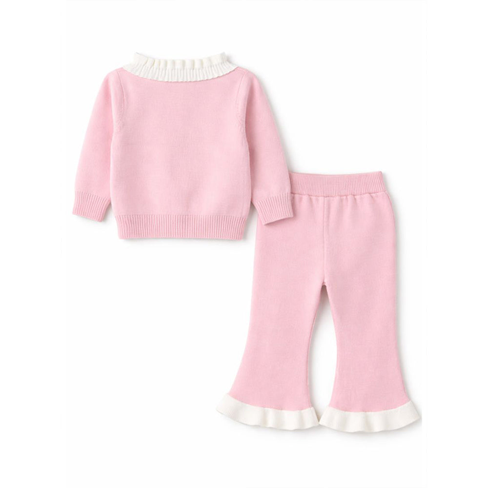 2 Pcs Pink Bib Neck Style Sweater Top & Flare Pant, Winterwear co-ord set for Girls