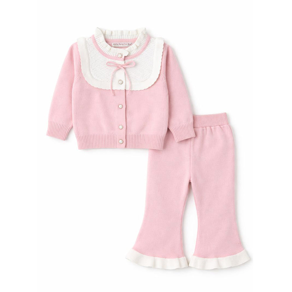 2 Pcs Pink Bib Neck Style Sweater Top & Flare Pant, Winterwear co-ord set for Girls