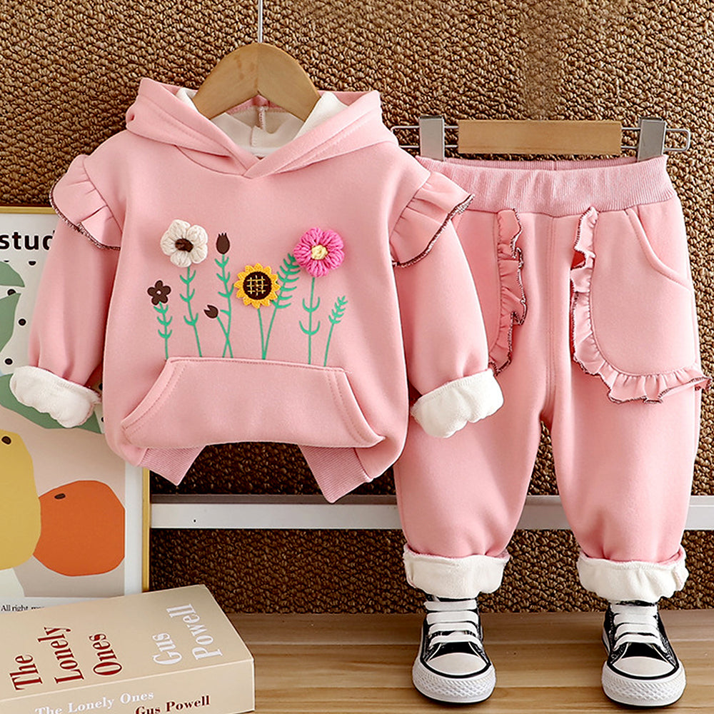 Pink Crochet Floral Frill Fleece winter Tracksuit Set for Kids