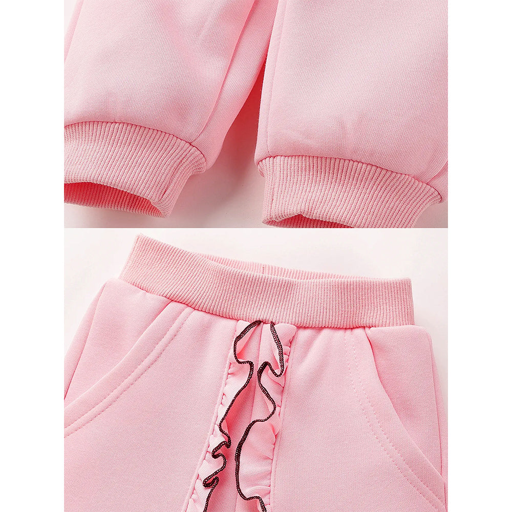Pink Crochet Floral Frill Fleece winter Tracksuit Set for Kids