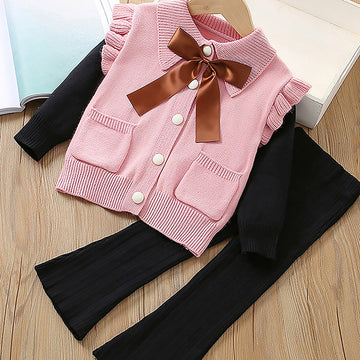 2 pcs Pink Ruffled KnittedTop with Black Bootcut Winterwear Pants for Kids