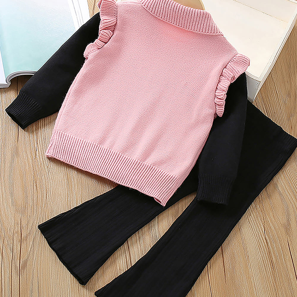 2 pcs Pink Ruffled KnittedTop with Black Bootcut Winterwear Pants for Kids