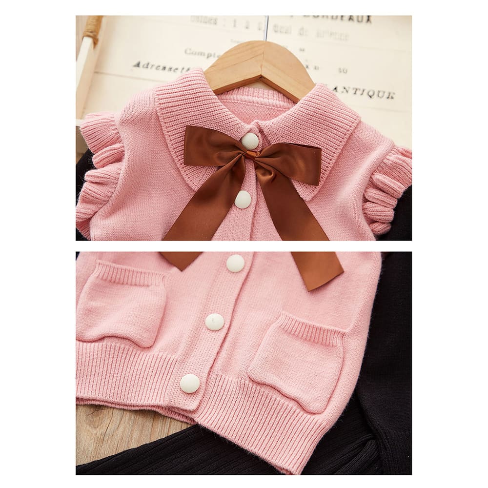 2 pcs Pink Ruffled KnittedTop with Black Bootcut Winterwear Pants for Kids