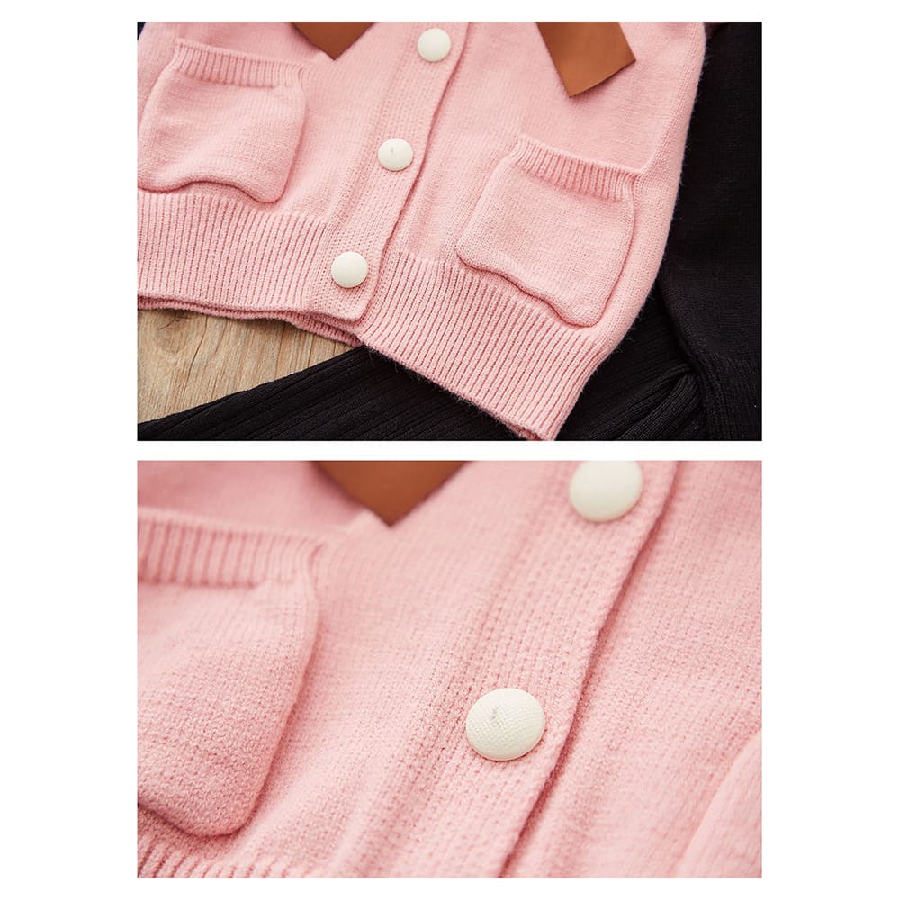 2 pcs Pink Ruffled KnittedTop with Black Bootcut Winterwear Pants for Kids