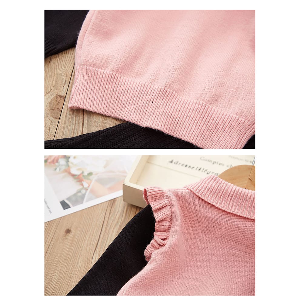 2 pcs Pink Ruffled KnittedTop with Black Bootcut Winterwear Pants for Kids