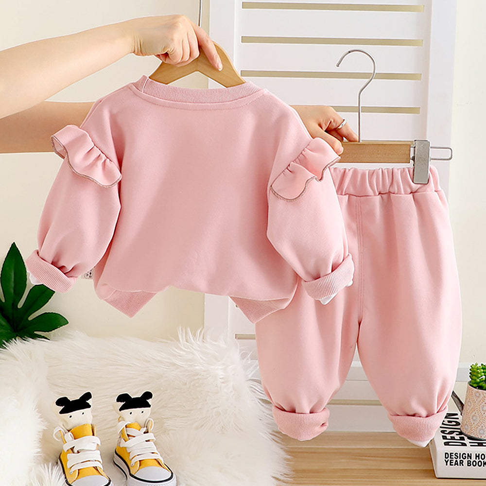 Pink Ruffle Shoulder Tracksuit Set for Kids
