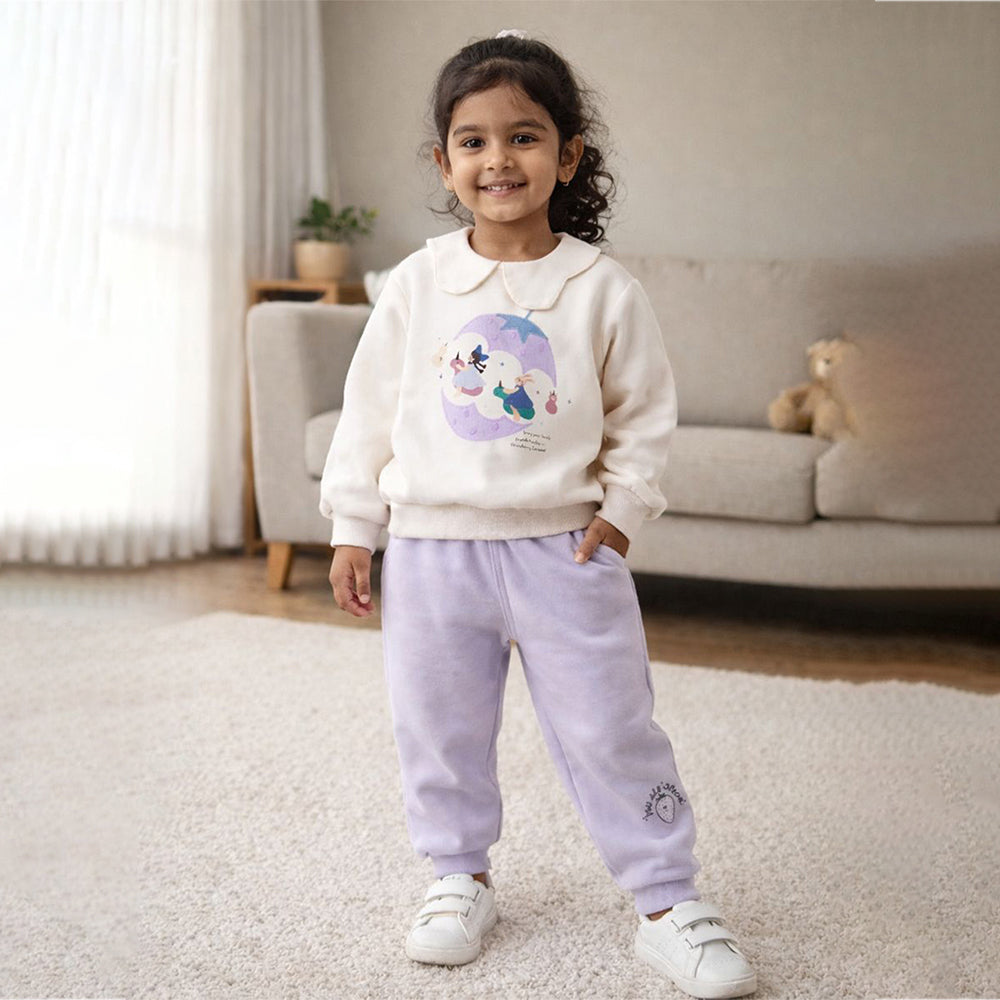 Cream and Purple Strawberry Print Sweatshirt & Pants 2pcs set for Kids