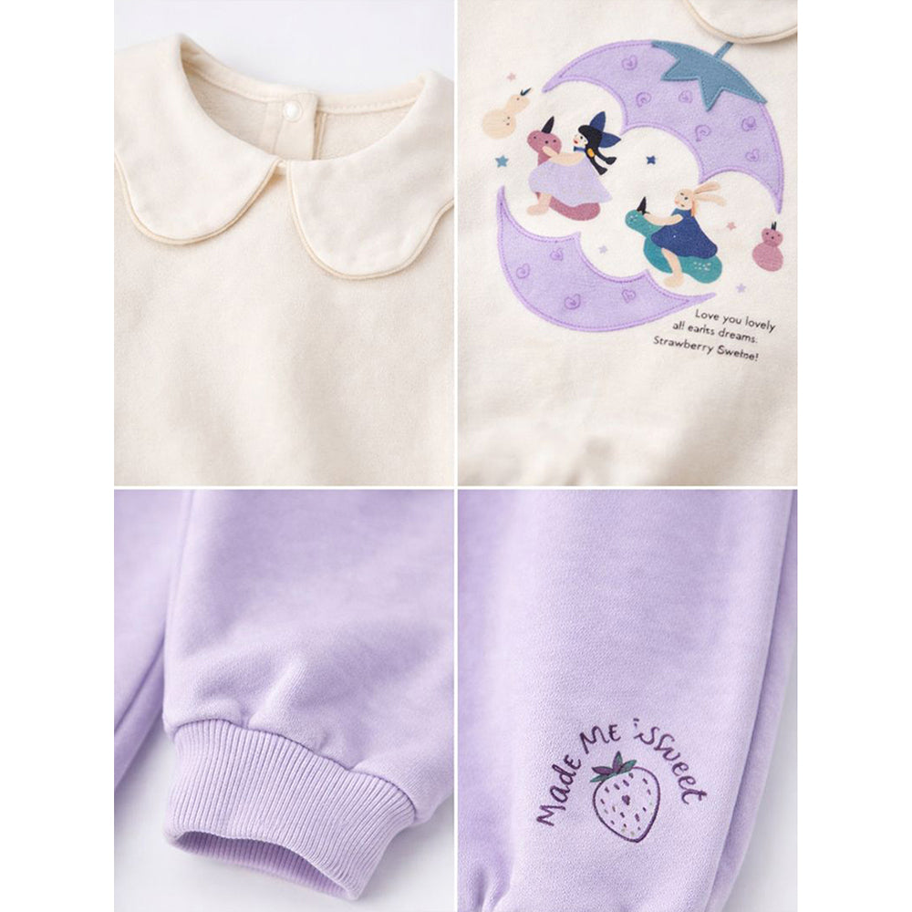 Cream and Purple Strawberry Print Sweatshirt & Pants 2pcs set for Kids
