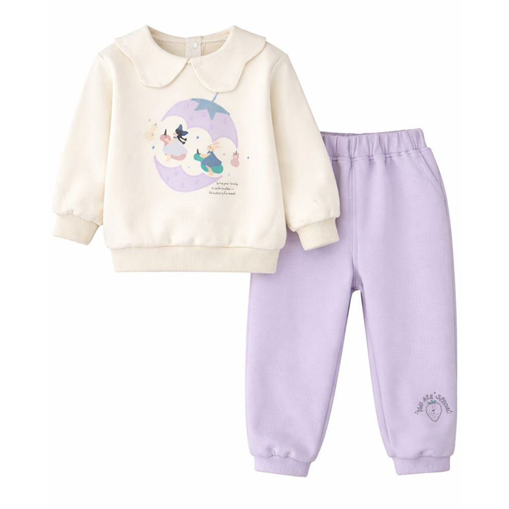 Cream and Purple Strawberry Print Sweatshirt & Pants 2pcs set for Kids