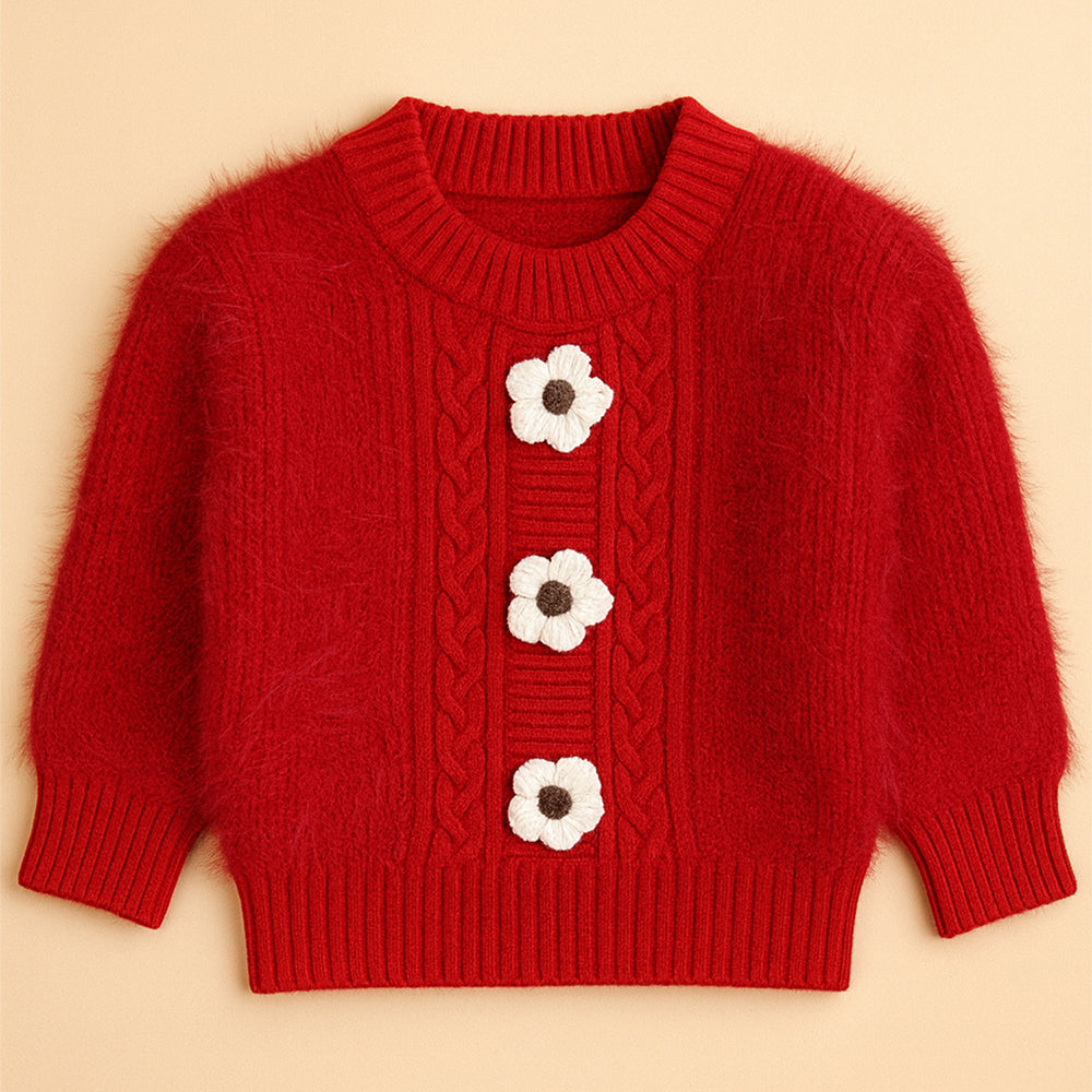 2 Pcs Red 3Flower Sweater Top & Flare Pant, Winterwear set for Girls