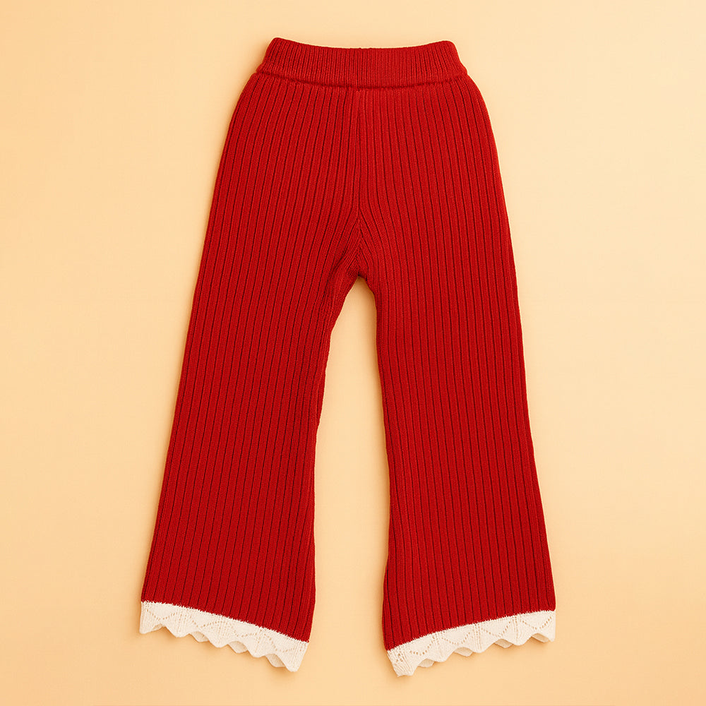 2 Pcs Red 3Flower Sweater Top & Flare Pant, Winterwear set for Girls