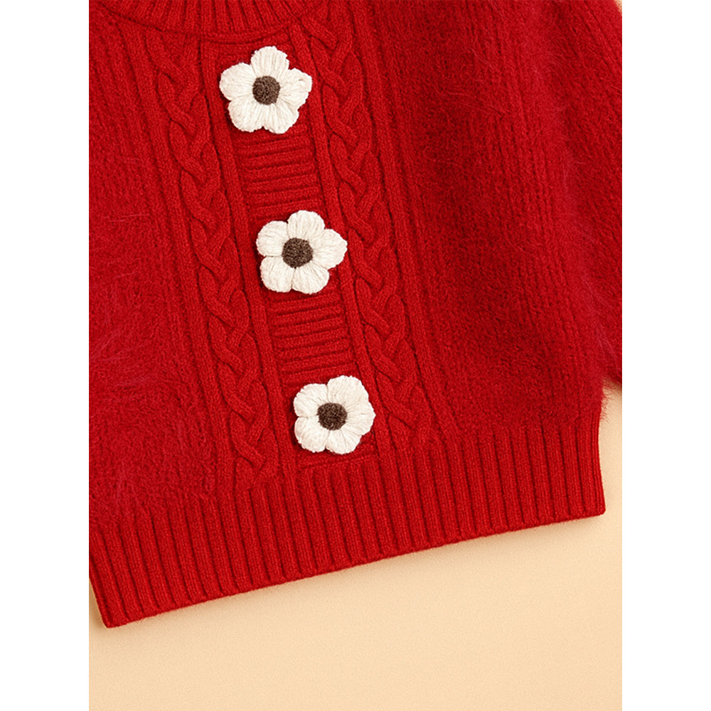 2 Pcs Red 3Flower Sweater Top & Flare Pant, Winterwear set for Girls