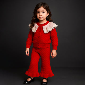 2 Pcs Red Sailor Neck Sweater Top & Flare Pant, Winterwear set for Girls