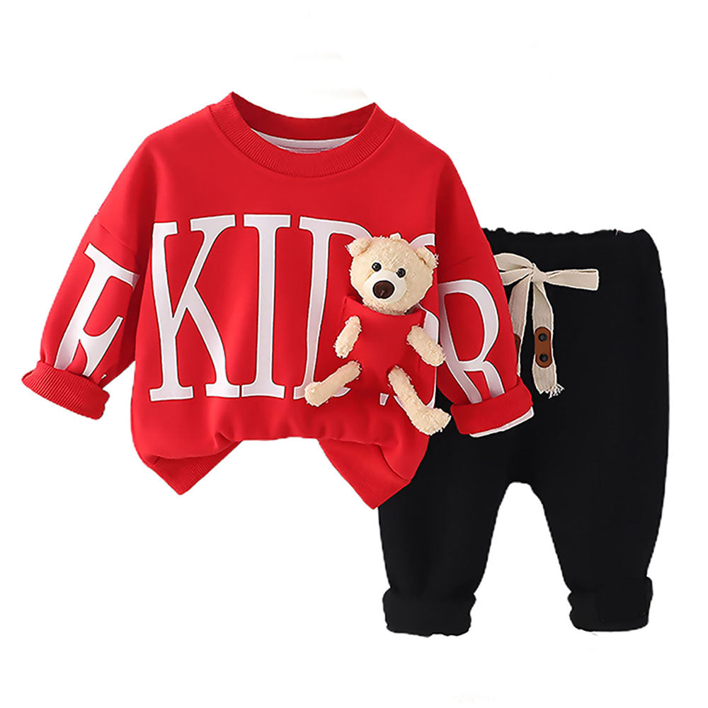 Bright Red Kids Teddy Soft Toy 2 Pcs Track Suit Set For Toddlers And Kids