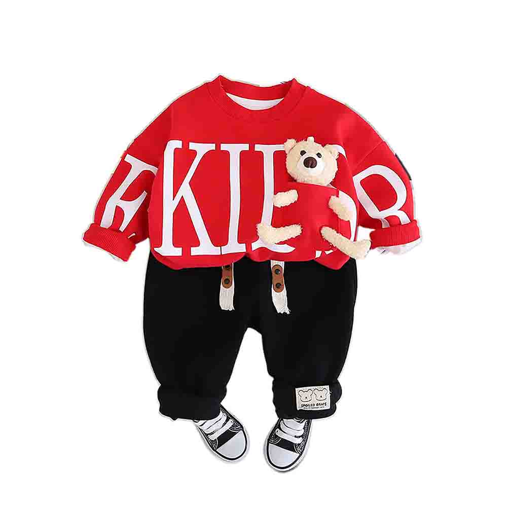 Bright Red Kids Teddy Soft Toy 2 Pcs Track Suit Set For Toddlers And Kids