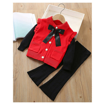 2 pcs Red Ruffled KnittedTop with Black Bootcut Winterwear Pants for Kids