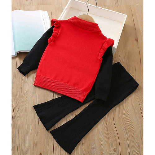 2 pcs Red Ruffled KnittedTop with Black Bootcut Winterwear Pants for Kids