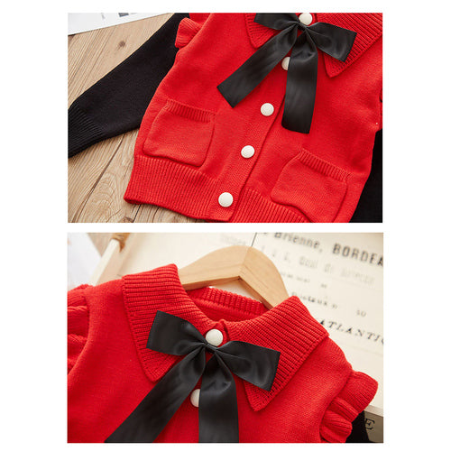 2 pcs Red Ruffled KnittedTop with Black Bootcut Winterwear Pants for Kids